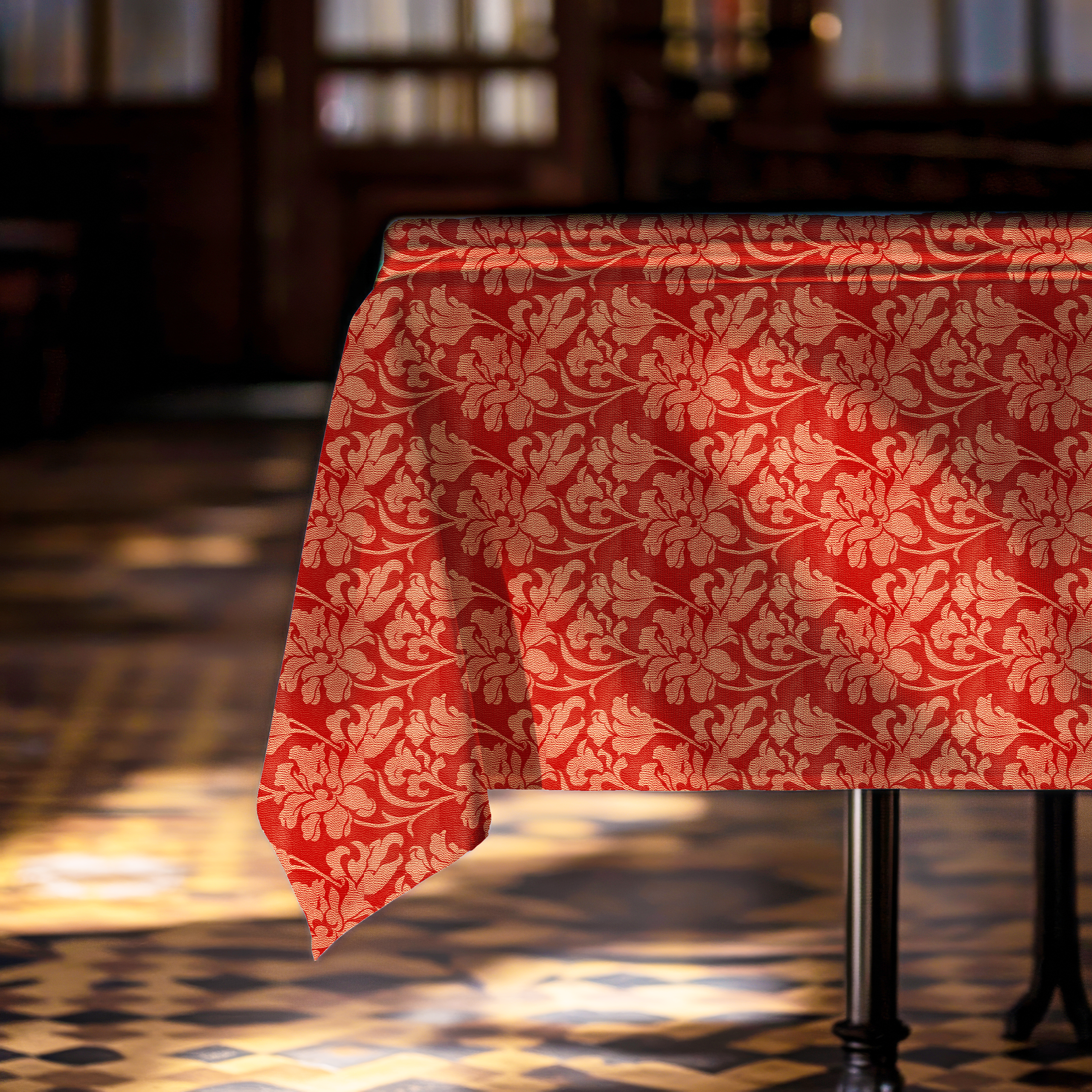 tovaglia rossa con decorazione floreale