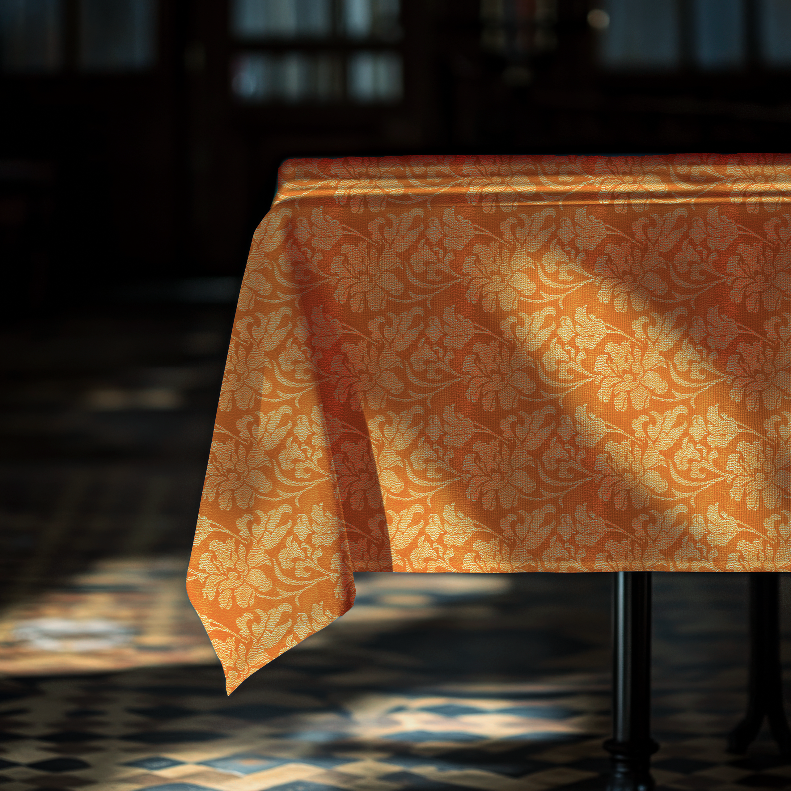 tovaglia arancione con decorazioni floreali